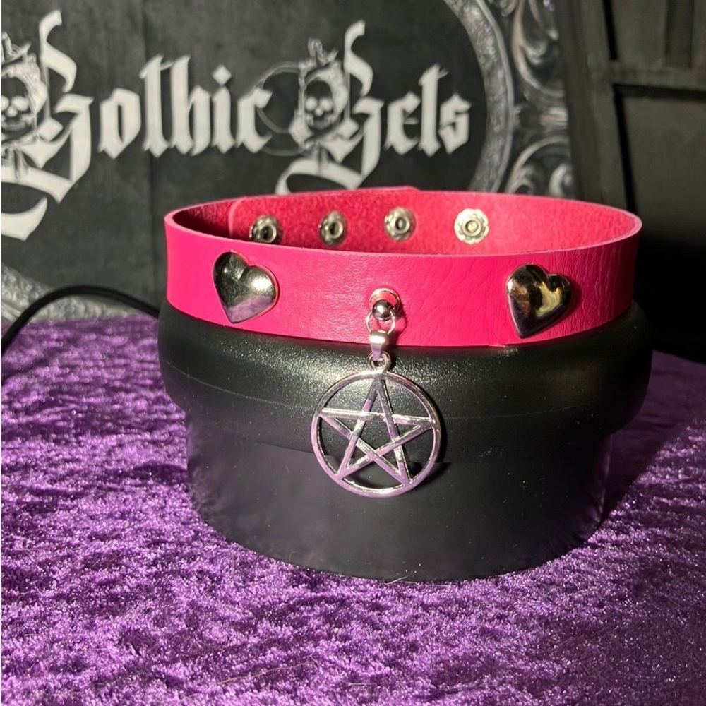 Pink and Silver Choker with Hearts and Pentagram